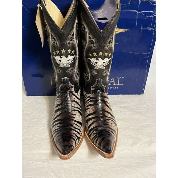 El General Cowboy Boots Mens Sz 8 Tiger Stripe Lizard Skin Exotic Leather Brown - Picture 10 of 16